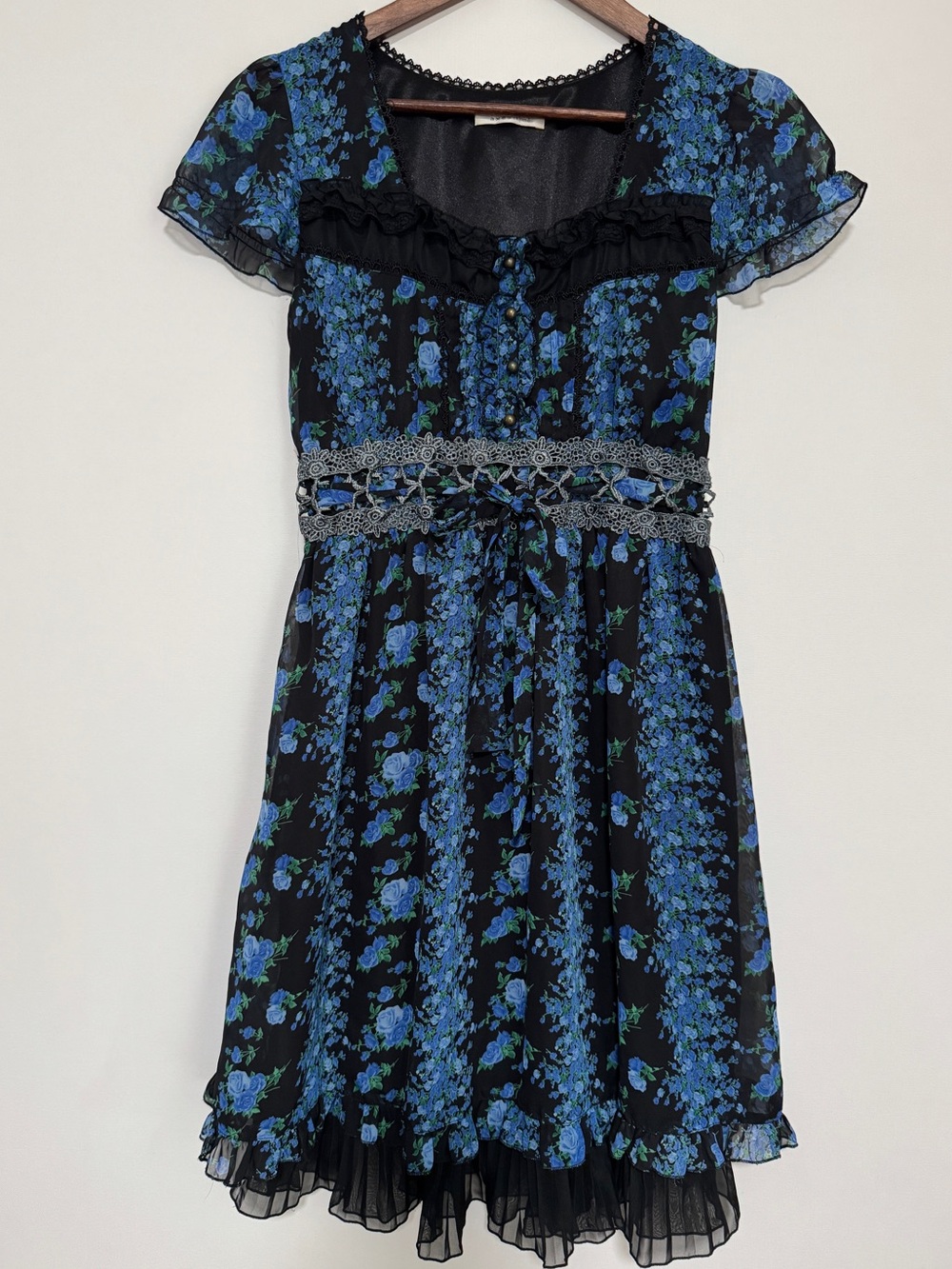 Axes Femme Romantic Gothic Floral Lace Ruffle Dress Black Blue J-Fashion M